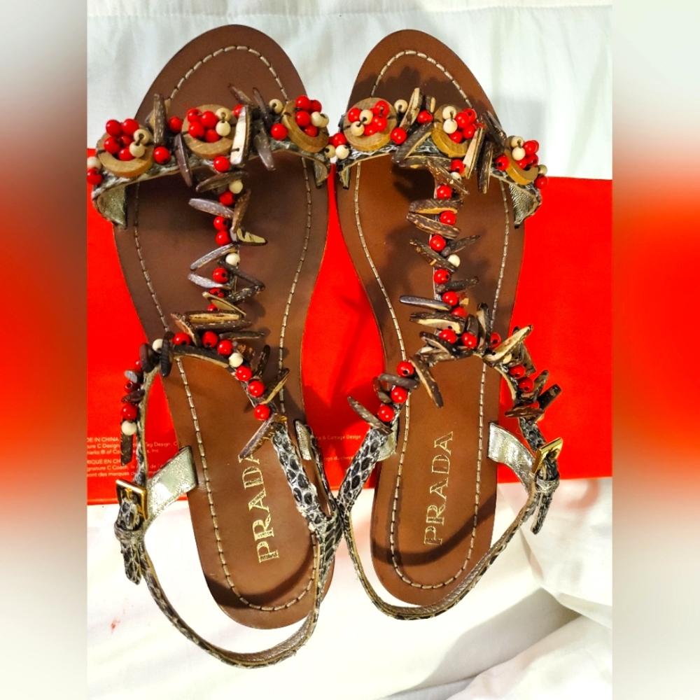 PRADA Snake Skin, Coral Beads Sandals